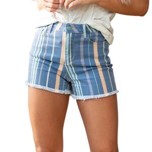 Judy Blue Plus Size Multicolor Striped High Rise Frayed Denim Shorts 1XL